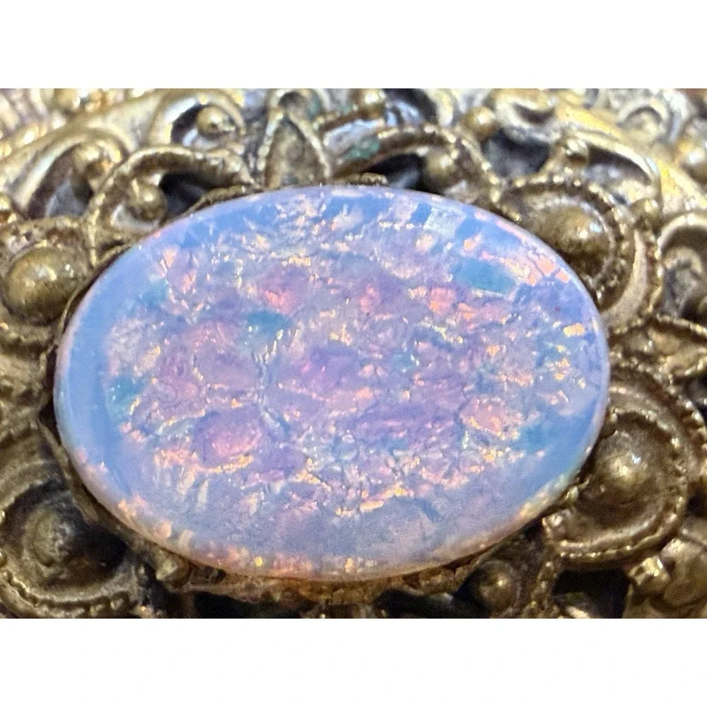 Vintage Victorian Style Ornate Gold Tone Harlequin Glass Fire Opal Brooch Pin